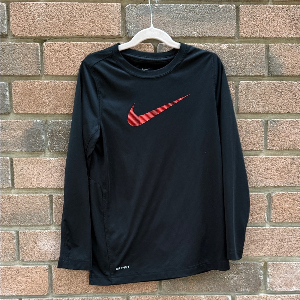 Nike Black Long Sleeve Dri-FIT Tee with Red Swoosh Boys Size Small